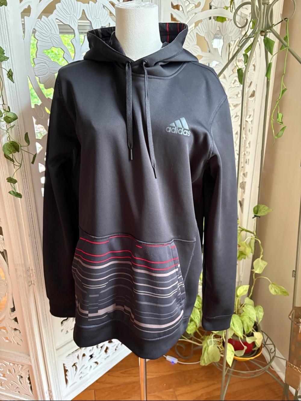 Men’s Adidas Black Hoodie with Red, Tan and Gray Striped.